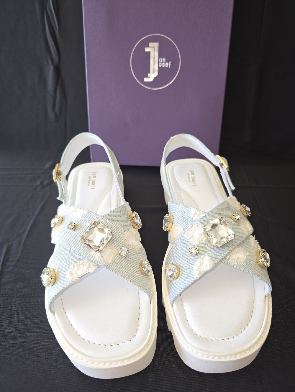 Jon Josef Alexandra White Jean embellished platform denim sandals
